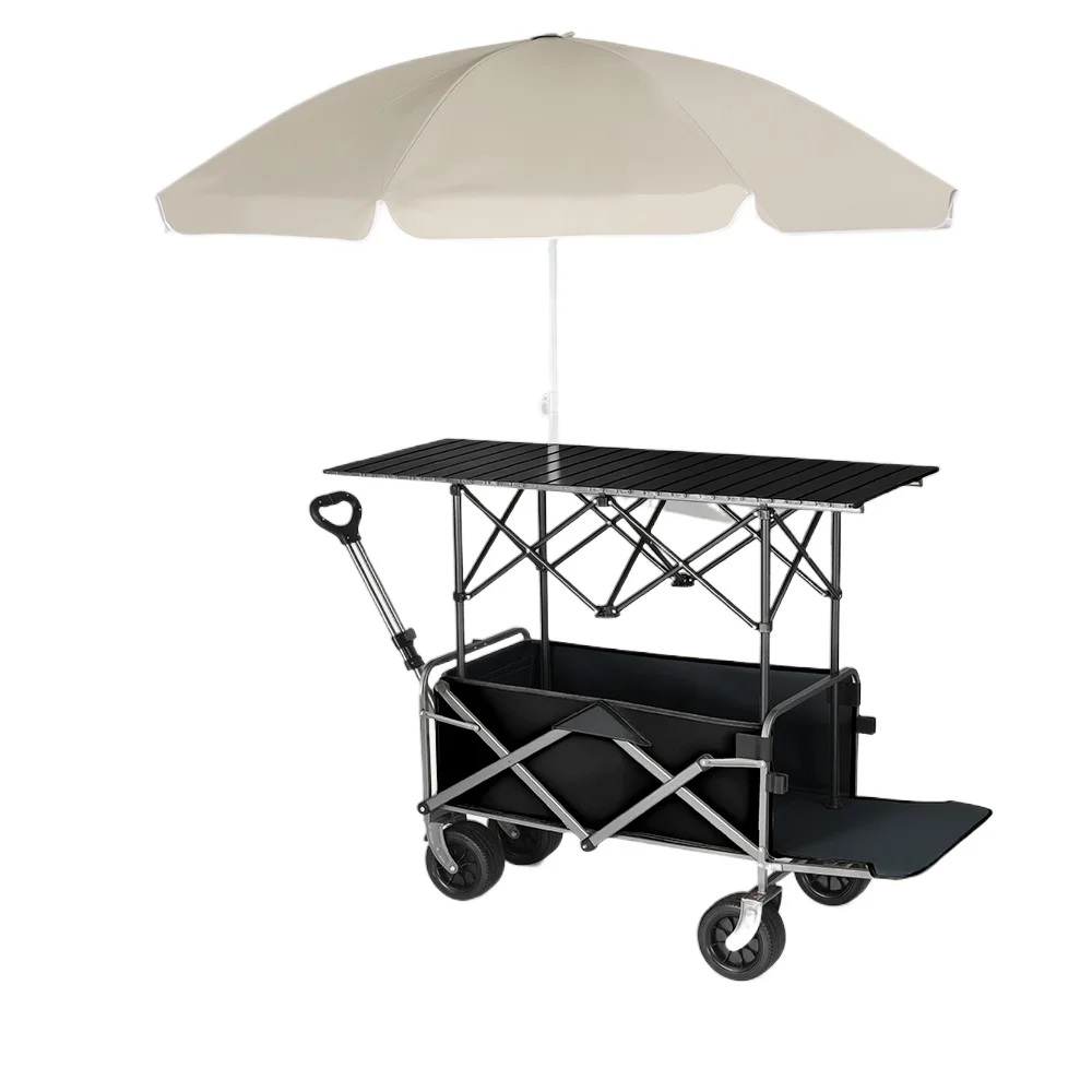 Pull Cart Fold - Faltbarer Campingwagen mit Sonnenschirm, Lifttisch und