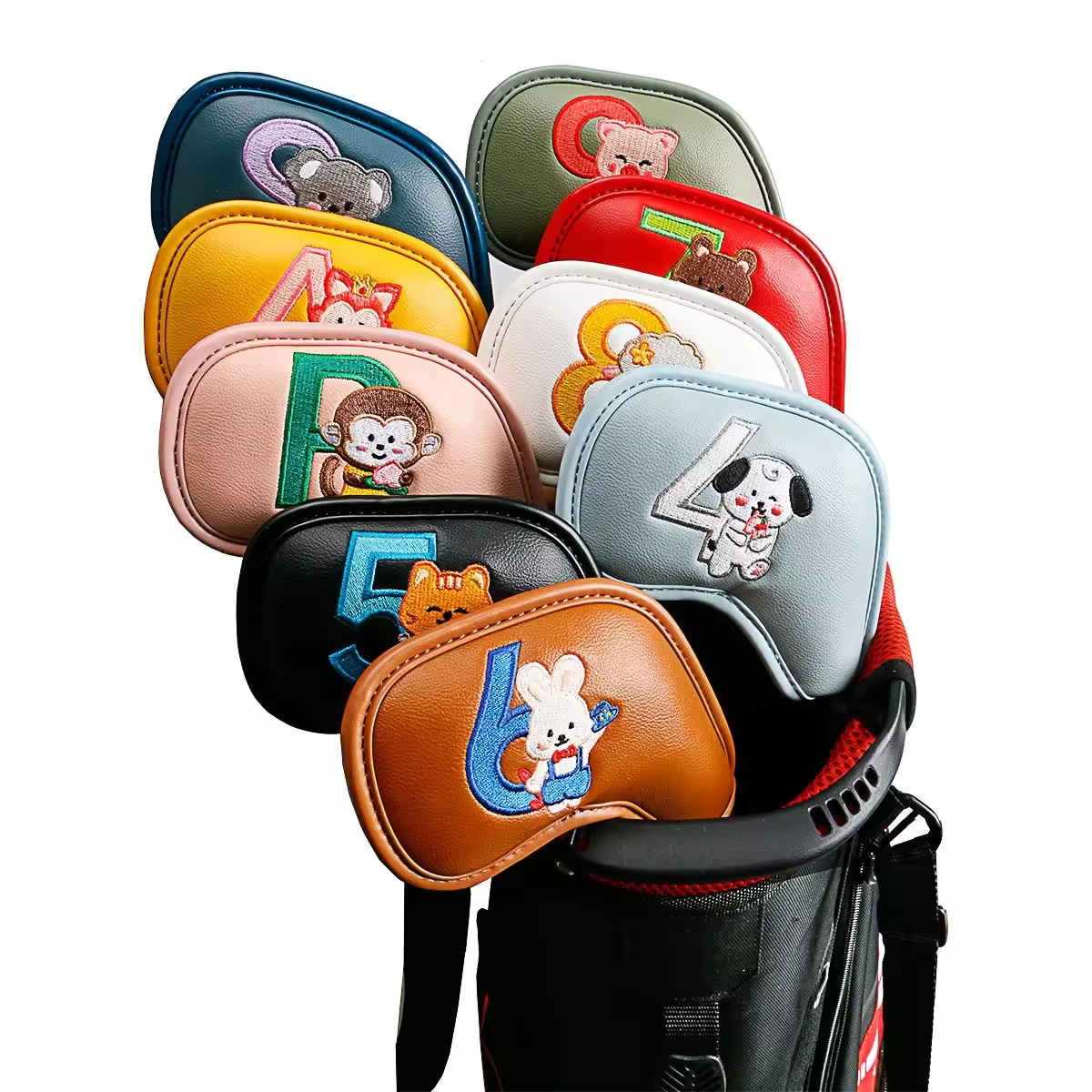 Golf Equipment Storage - 9-teiliges Set Niedliche Cartoon-Tier Golf-Eisenkopfhüllen, PU-Leder